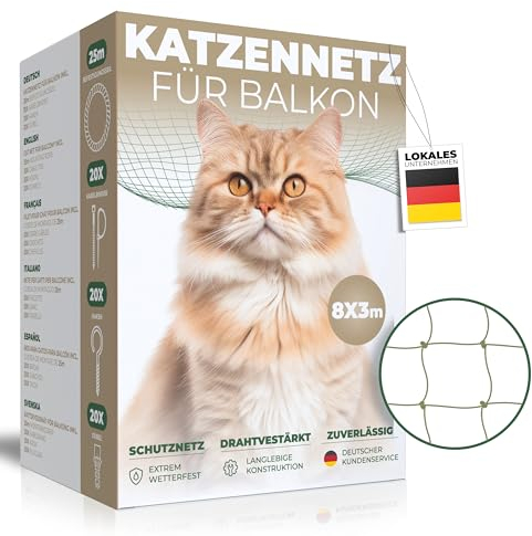 WOOWOOD Katzennetz für Balkon [Ohne Bohren] - Katzennetz Drahtverstärkt - Katzenschutznetz Wetterfest & UV-beständig - Katzengitter Inkl. 20 Kabelbinder & Dübel - Katzennetz Balkon und Fenster (8X3m)