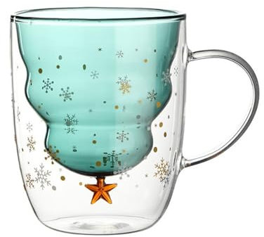 MISNODE Tasse en Verre de Noël, Tasse de Noël à Double Paroi, Ensemble de Tasses Mignonnes pour Cacao Chaud et Café, Tasses en Forme D'arbre de Noël, Verres Isolés à Double Paroi,(4.5in-vert)