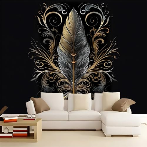 Fondos de pantalla con imágenes panorámicas Plumas Barrocas Decoración de pared decorativa para el dormitorio del hogar 300 x 210 cm para decoración papel tapiz multiusos Negro Dorado