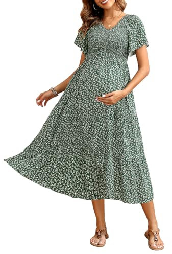 Summer Maternity Dress Easter Photoshoot Pregnancy Baby Shower Green Floral Midi Casual Flutter Sleeve Flowy Dress 2025