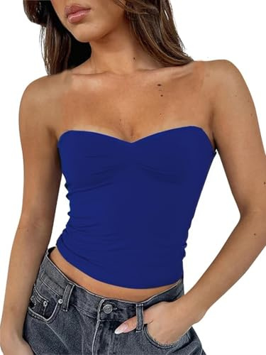 FOFAINWE Hauts tube sexy sans bretelles pour femme - Dos nu - Bandeau sans manches - Basique - Pour sortir - Tops débardeur d'été, bleu roi, L