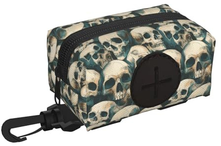 Soporte para bolsas de excrementos de perro para correa, suave, ligero, vintage, estampado de calavera, dispensador de rollos, cierre de , accesorios para caminar con cremallera y mosquetón
