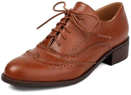 SHEMEE Women's Chunky Low Heels Oxfords Saddle Shoes Creeper Vintage Wingtip Brogues Perforated Flats Lace Up Pumps Brown Derby Shoes,Size 8.5