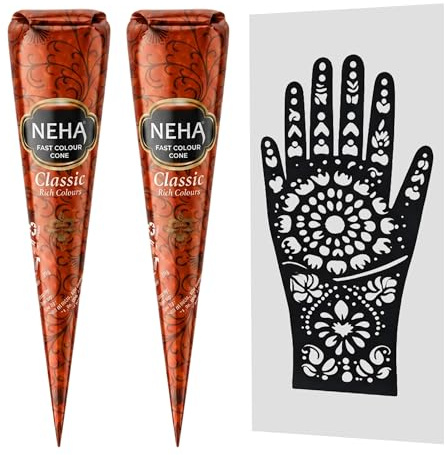 Neha Fast Colour Henna Cones and Hand Stencil Kit (Pack of 2), Quick-Developing Paste for Traditional Hand Designs, Classic Rich Colours, DIY Floral Pattern Templates, Dual Application Set
