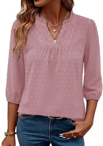 iWoo Womens Lace V Neck Boho Blouse Textured 3/4 Sleeve Summer Casual Top | Swiss Dot Blouse, V-Neck Lace Trim, Elegant 3/4 Puff Sleeves, Loose Tunic Top, Casual Fall Top,Machine Washable for Easy Care