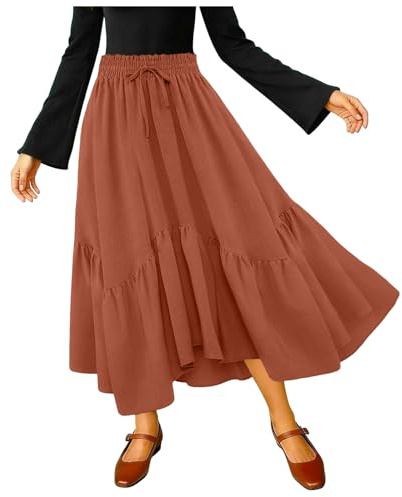 Dam hög midja maxikjol blommig chiffong veckad A-linje lång kjol för sommar strand semester avslappnad elegant enfärgad midi-klänning botten med elastiskt midjeband bekväm passform alla årstider