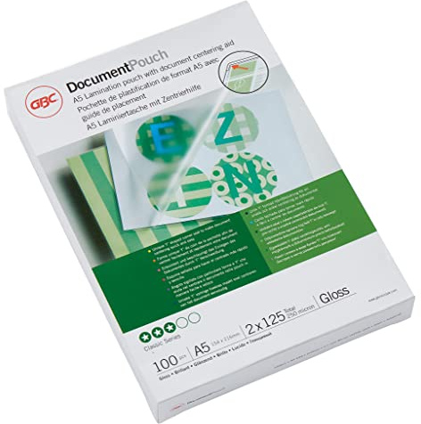 GBC lamineringsfolier A5 125 mic, robusta lamineringsväskor i 100-pack, glänsande, transparent, perfekt för kontor och skola, 3200749