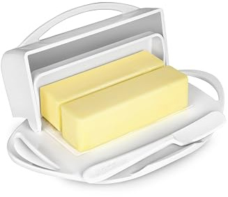 Butterie Flip Top Butter Dish with Attached Lid & Matching Knife - Holds 2 Sticks, Fits Kerrygold/European Butter - BPA Free & Dishwasher Safe - White