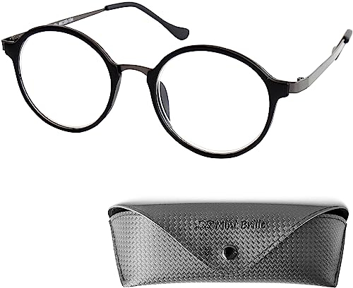 Runde Anti Blaulicht Brille Lesebrille, Gratis Etui, Kunststoff Rahmen (Schwarz), Metall Brücke und Bügeln (Graphit), Blaulichtfilter Brille Herren und Damen +1.0 Dioptrien