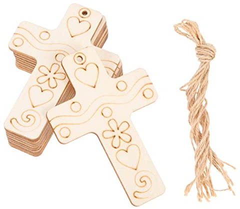 SEWACC 50 Sets Holzkreuz Anhänger Holzscheiben mit Seil Unvollendete Holz Verzierungen Holz Ausschnitte für DIY Handwerk Basteln Hochzeit Geburtstag Weihnachten Hängende Dekoration