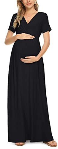 ORANDESIGNE Robe Maxi de Maternité pour Femme sans Manches Robe d'allaitement Col Rond Longue Robes de Grossesse de Photographie B Noir XL