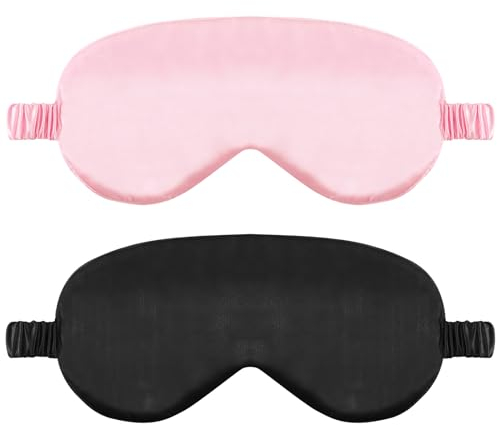2er Pack Schlafmaske Aus Seide Augenmaske Zum Schlafen Weiche Satin Augenbinde Mit Gummiband Bequeme Nachtschlafmaske für Damen und Herren (Schwarz Rosa)
