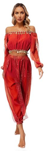 Freebily Disfraz Bailarina Danza Del Vientre India Para Mujer Traje De Baile De India Disfraz de Princesa Jazmín Vestidos Espectáculo Del Festival Actuación Rojo One Size