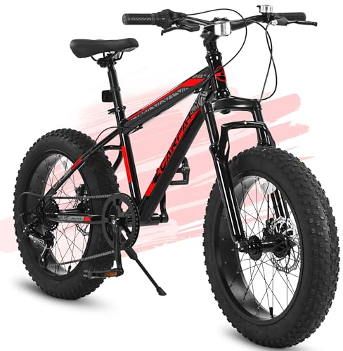 Thctvous 20 inch Kids Bike with 4 Wide Fat Tire Wheel, Boys Bikes Ages 8-12 with Double Disc Brakes, 7-Speed Kids' Bicycles City Snow Beach Mountain Bike for Boys Girls (Red 20“)