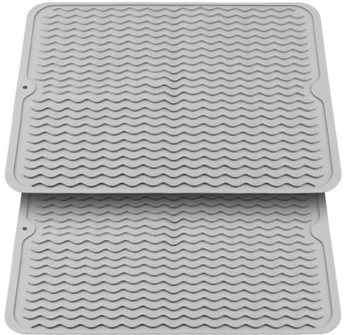 KEILEOHO 2 tappetini in silicone per scolapiatti, 50 x 40 cm, resistenti al calore, antiscivolo, grigi, con motivo ondulato