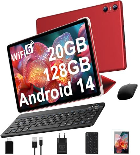 SKYEGG Android 15 Tablette 10 Pouces avec 20 Go RAM + 128 Go ROM (Extensible Jusqu'à 1 to), Widevine L1, Octa-Core, WiFi 6, 6000 mAh, 5MP+8MP, BT 5.0, Tablette Tactile avec Clavier et Souris, Rouge