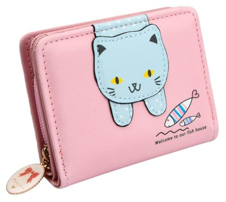 Münzbörse Katze, Mini Süße Geldbörse, PU Leder Klein Geldbeutel, Portemonnaie Damen Kinder Katzenmotiv, Geldbörsen Karikatur Katzen, Geschenke für Frauen Mädchen, Katze Dekoration Brieftasche, Rosa