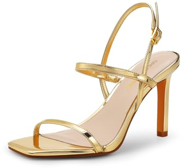 DREAM PAIRS Zapatos de tacón alto para mujer, puntera cuadrada abierta, correa al tobillo, sexy, cómodos, con tiras, para boda, novia, sandalias de tacón, Patata dorada, 39 EU