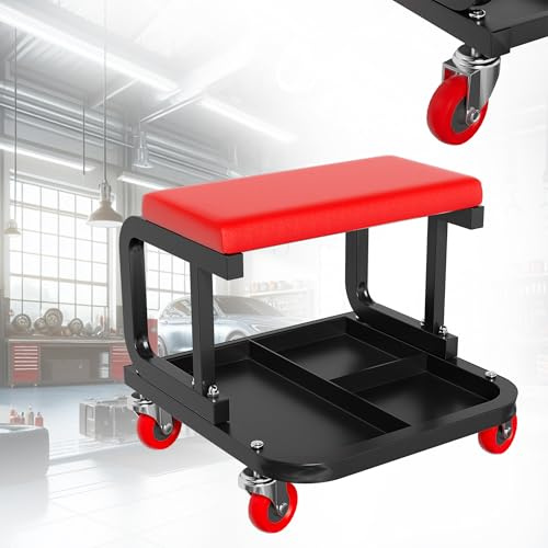 XMTECH Tabouret d'atelier avec plateau de rangement - Servante d'atelier - Chariot à outils - Siège roulant avec roulettes