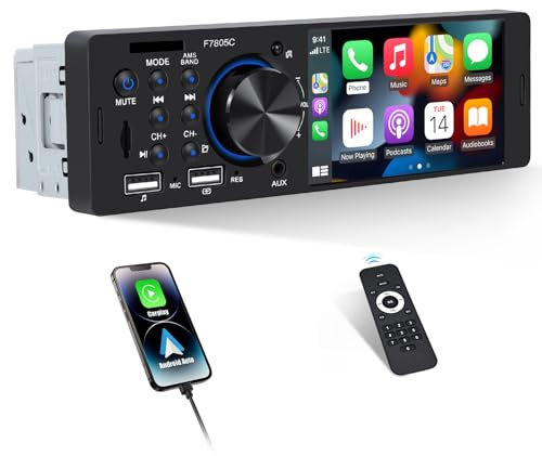 CAMECHO Single Din Car Stereo with CarPlay Android Auto, 4 Touchscreen Car Radio with Bluetooth 5.1 Mirror Link FM Radio AUX/TF/USB 1 Din Head Unit + Remote Control