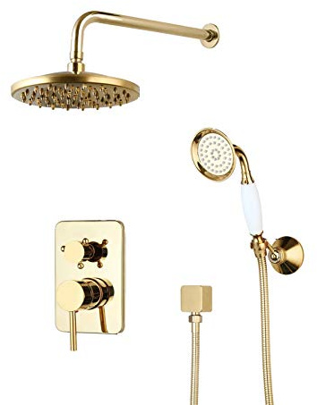 Rubinetto Doccia Set rubinetti Doccia placcati in Oro, Miscelatore Doccia Pioggia con Montaggio Parete in Ottone Massiccio, Set rubinetti Doccia in Stile Rotondo 8 Pollici