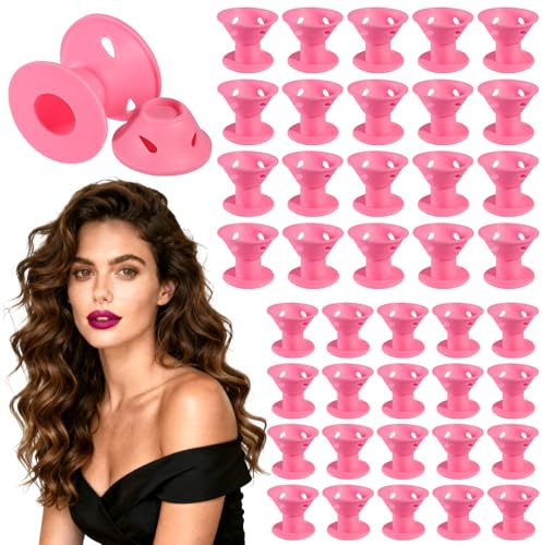 Ricci di Silicone Morbido Autoadesivo, 40 Pezzi Senza Calore per Ricci da Notte, 2 Misure, Delicato per Voluminosi e Onde, Design Funghetto Rosa