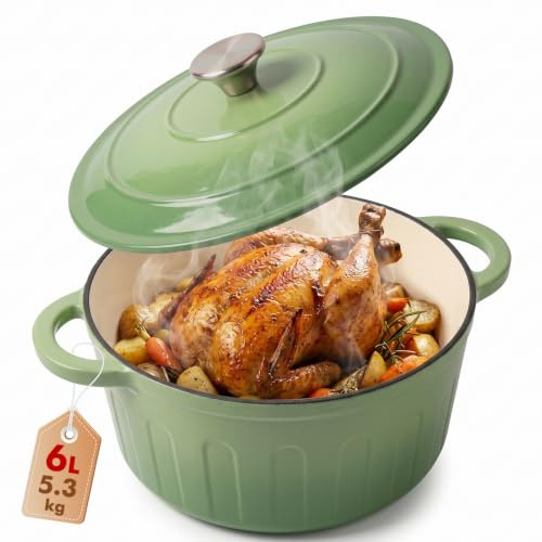 LZDMY Cocotte Fonte Émaillée 26 cm | 6L Fours Néerlandais avec Couvercle Compatible Induction Gaz Four Casserole pour Braiser Ragoûts Rôtir Pain Vert