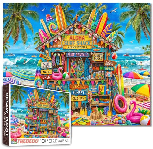 Puzzle Surf Shack Coloré Marché de Plage Jigsaw Une Scène de Vacances au Bord de Mer 1000 Pièces pour Adultes Débutants Activité Familiale Difficile Jeux de Bricolage Puzzle pour Décoration de la