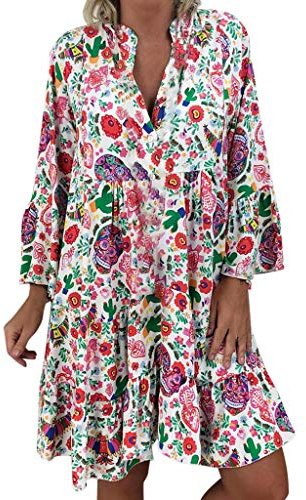 Robe Femme Été Chic Décontractée Courte Manches Courtes Col V Imprimée Bohème Fleurie Taille Haute Fluide Légère Plage Vacances Soirée Fashion A121