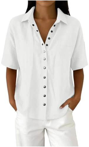Chemisier Femme Manche Courte Haut Chic Élégant Blouse Décontractée Ample Unie à Boutons Pression avec Poche Poitrine Vêtement Tendance d'Été pour Look Quotidien Casual