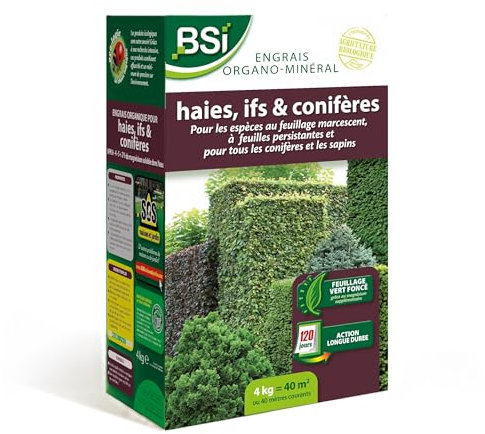 BSI - Engrais - Haie - If - Conifère - Organo-Minéral - Bio - Pour Haie - If - Conifère - Pour Les Espèces Au Feuillage Marcescent A Feuilles Persistantes - Et Sapins - 4Kg - Jusqu'à 40 m² - UAB