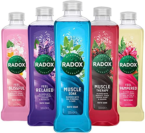 Radox Bath Soak Bubble Bath for Women - Mixed Pack of 10 Bottles (3 Muscle Soak, 1 Muscle Therapy, 2 Feel Relaxed, 2 Feel Blissful, 2 Feel Pampered) Enriched with Natural Extracts 500ml Each