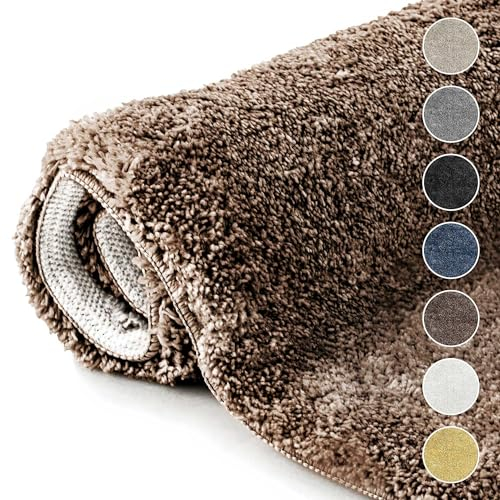 etérea Badezimmerteppich Jana - Badematte Rund rutschfest 60x60 cm - Badvorleger waschbar Hochflor - Bathroom Mat - Badteppich Hochflor Schwer - Runde Badläufer Teppich 60cm - Braun