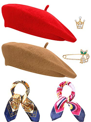 SATINIOR 6 Pieces Wool Beret Hat with Silky Scarf Brooch Solid Color French Beanie Hat for Women(Light Tan and Red)