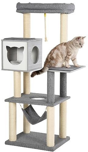 PawHut Kratzbaum groß 155 cm Katzenbaum mit Hängematte Kletterbaum für Katzen Mehrstufiges Katzenkratzbaum mit Katzenkiste, Weichkissen Katzenmöbel Sisal Grau&Weiß