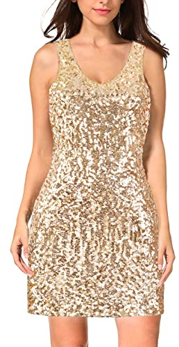 MANER Women's Sequin Dress Sparkly Glitter V-Neck Sleeveless Party Club Cocktail Tank Dress (Medium, Champagne)