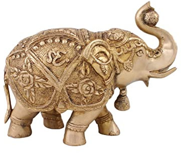 Arihant Craft® Decoración étnica de elefante, tronco de pie, campana en el cuello, estatua, escultura de obra a mano, Figuras, 8.05 pulgadas (latón, dorado)