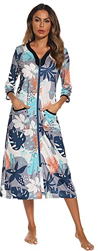 Verve Jelly Women's Zipper Robes 3/4 Sleeve Floral Print Bathrobe Lightweight Housecoats with Pockets Ladies Loungewear