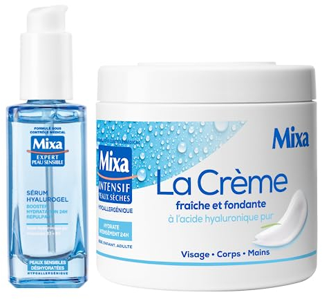 Mixa Expert Peau Sensible – Coffret Routine 2 Produits à l’Acide Hyaluronique Pur – Sérum Hyalurogel 30ml + La Crème Fraîche et Fondante 400ml – Visage & Corps – Hydratation 24h – Hypoallergénique