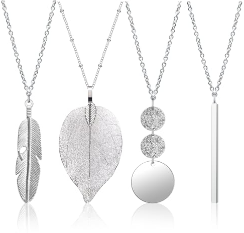 Mozeat Lens Modeschmuck Kette Lang, 4 Stück Lange Anhänger Halsketten für Frauen Trendy Boho-Stil Anhänger Halskette lange Pullover Halsketten Set Y Halskette Schmuck Set Statement Halskette