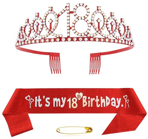 18. Geburtstag Schärpe Und Tiara Krone Rot Kristall Geburtstagkrone Set Rot Geburtstagskrone Schärpe Deko Birthday Crown für Mädchen Frauen Birthday Party Accessoires Geburtstagsdeko 18