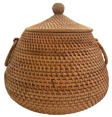 Cesto portaoggetti in vimini con coperchio-cestino in rattan Cesto per frutta rotondo in rattan naturale leggero intrecciato a mano per frutta, verdura