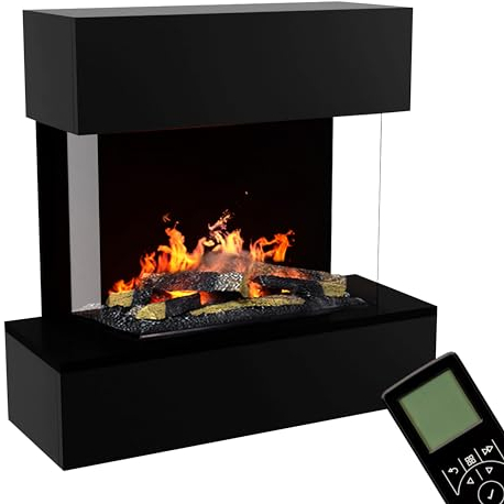 GLOW FIRE Wasserdampf Kamin HÖLDERLIN Sims (Wandkamin) - Elektrokamin für die Wand mit realistischen LED 3D-Flammen, Knistereffekt & Fernbedienung, 80x78x40 cm, Opti-Myst 600 mit Holz-Deko, Schwarz