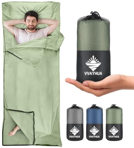 VVAYHUA Hüttenschlafsack,2in1 Reiseschlafsack aus Mikrofaser,Zwei-Wege-Reißverschlüsse Legen die Füße separat frei,Erwachsene Camping Blatt für Rucksacktourismus, Hotel, Geschäftsreisen(Grün)