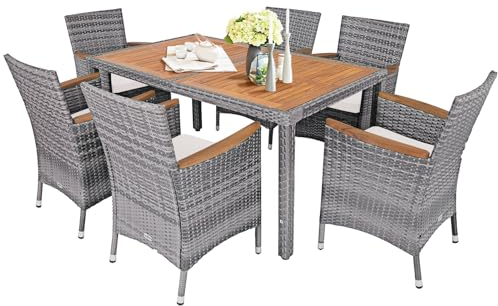 LIFEZEAL 7 TLG. Rattan Gartenmöbel Set, Gartenset Sitzgruppe Garnitur aus Korbgeflecht, Sessel mit Kissen und Tisch aus Akazienholz, Essgruppe für 6 Personen, für Garten, Terrasse, Balkon