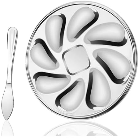 LERANXIN Piatto per Ostriche, Contenitore per Ostriche in Acciaio Inossidabile, con Coltello da Ostriche e 9 Fessure, Vassoio per ostriche per servire piatti di crostacei al ristorante o a casa