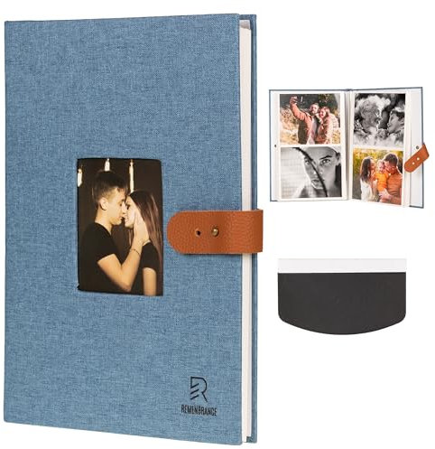 Album Fotografico Autoadesivo in Lino 29x21 cm, con Foto di Copertina e Chiusura a Bottoncino (Blu)