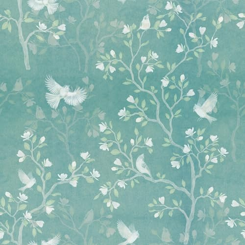 FunStick Papel Pintado Pared Flores y Pajaros Azul Turquesa Papel Pintado Autoadhesivo Dormitorio Árbol Hojas Azul Verde Acuarela Vinilo Adhesivo Pared Flores Pequeñas Blanco Habitación Baño 44.5CM×3M