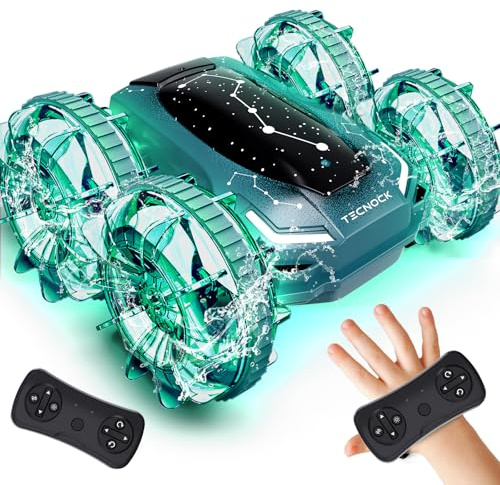 Tecnock Barco Anfibio teledirigido para Coche, Control de Gestos 4WD, Coche RC con Carga magnética, Tiempo de Funcionamiento de 60 Minutos, Luces LED, Juguete de Piscina para niños de 6 a 12 años