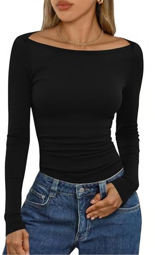 Aottori Camiseta de Mujer Manga Larga Ideal como Capa Base con Cuello Barco | Punto Acanalado, Corte Ajustado, Tejido Elástico, Tejido Ligero, Estilo Casual, Estilo Elegante